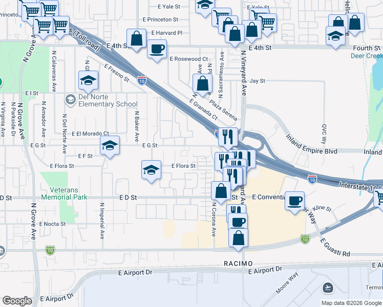 map of restaurants, bars, coffee shops, grocery stores, and more near 521 North Orange Privado in Ontario