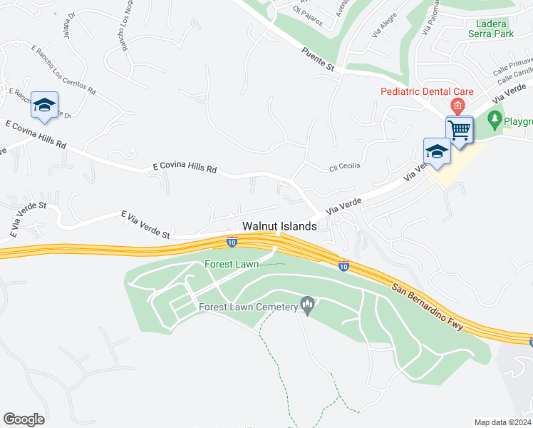 map of restaurants, bars, coffee shops, grocery stores, and more near 21245 East Via Verde Street in Covina