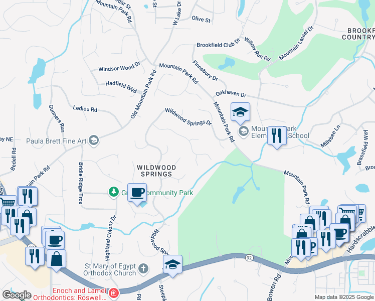 map of restaurants, bars, coffee shops, grocery stores, and more near 545 Old Path Crossing in Roswell