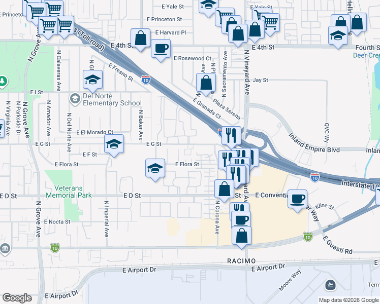 map of restaurants, bars, coffee shops, grocery stores, and more near 1749 East Flora Street in Ontario