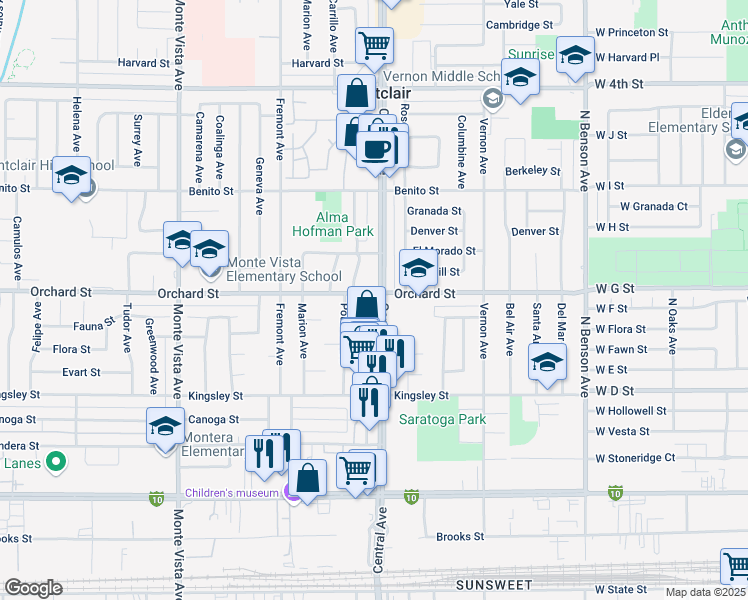 map of restaurants, bars, coffee shops, grocery stores, and more near 10144 Central Ave in Montclair