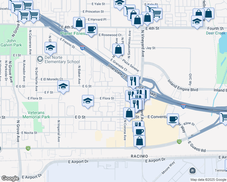 map of restaurants, bars, coffee shops, grocery stores, and more near 519 North Orange Privado in Ontario