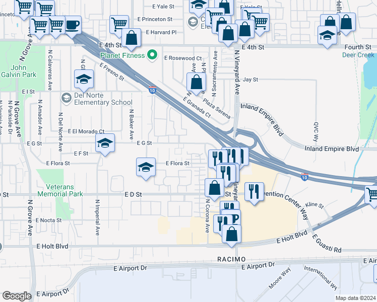 map of restaurants, bars, coffee shops, grocery stores, and more near 519 North Orange Privado in Ontario