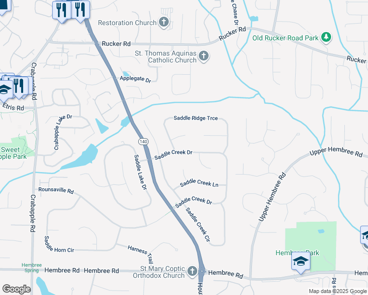 map of restaurants, bars, coffee shops, grocery stores, and more near 390 Saddle Creek Drive in Roswell