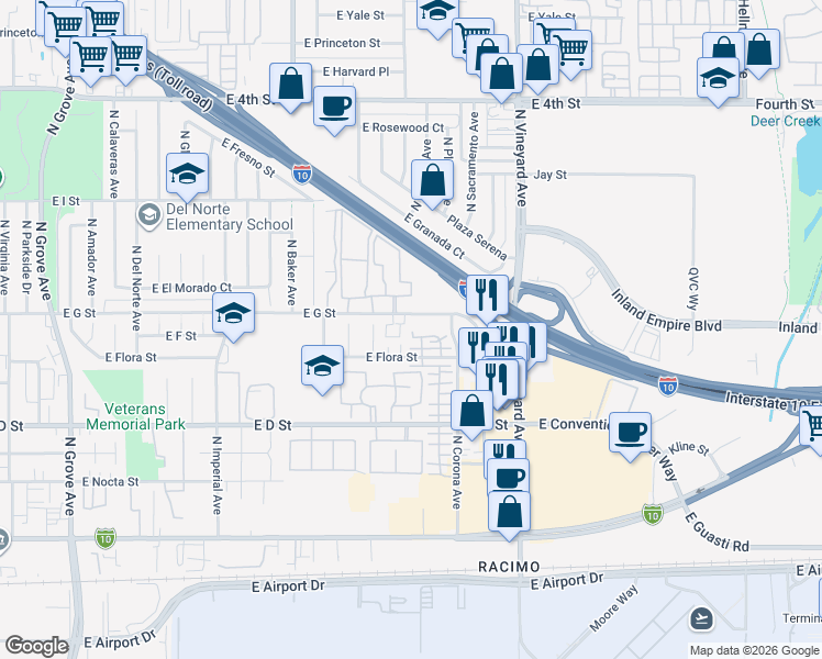 map of restaurants, bars, coffee shops, grocery stores, and more near 521 North Orange Privado in Ontario