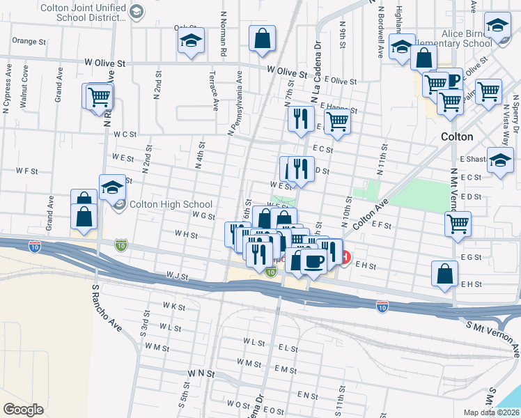 map of restaurants, bars, coffee shops, grocery stores, and more near 228 West F Street in Colton