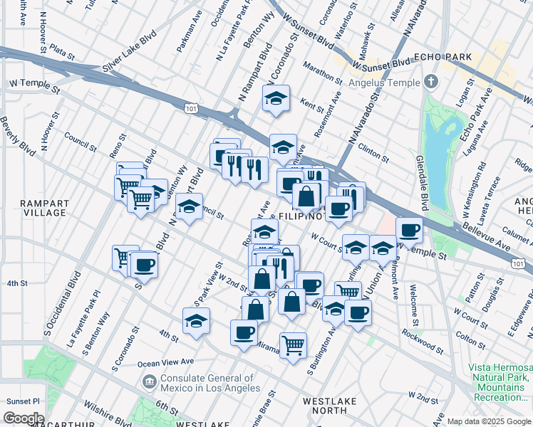 map of restaurants, bars, coffee shops, grocery stores, and more near 238 Rosemont Avenue in Los Angeles