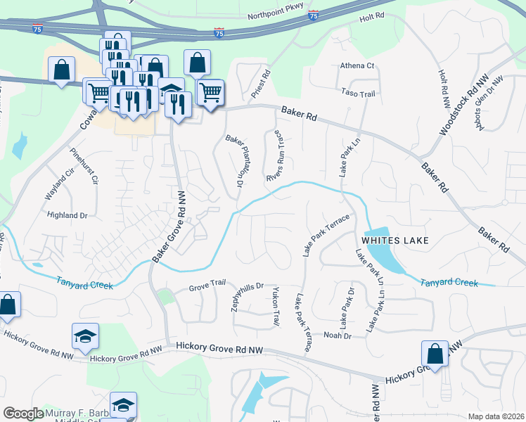map of restaurants, bars, coffee shops, grocery stores, and more near 3164 Parfait Place in Acworth