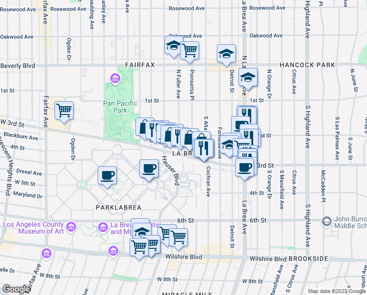 map of restaurants, bars, coffee shops, grocery stores, and more near 226 South Fuller Avenue in Los Angeles