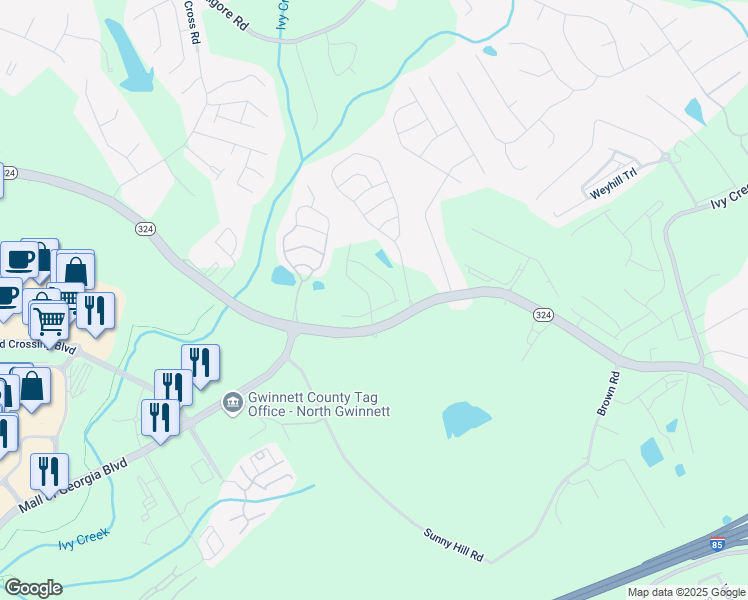 map of restaurants, bars, coffee shops, grocery stores, and more near 3001 Greyton Drive in Buford