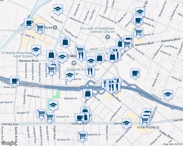 map of restaurants, bars, coffee shops, grocery stores, and more near 11424 Valley Boulevard in El Monte