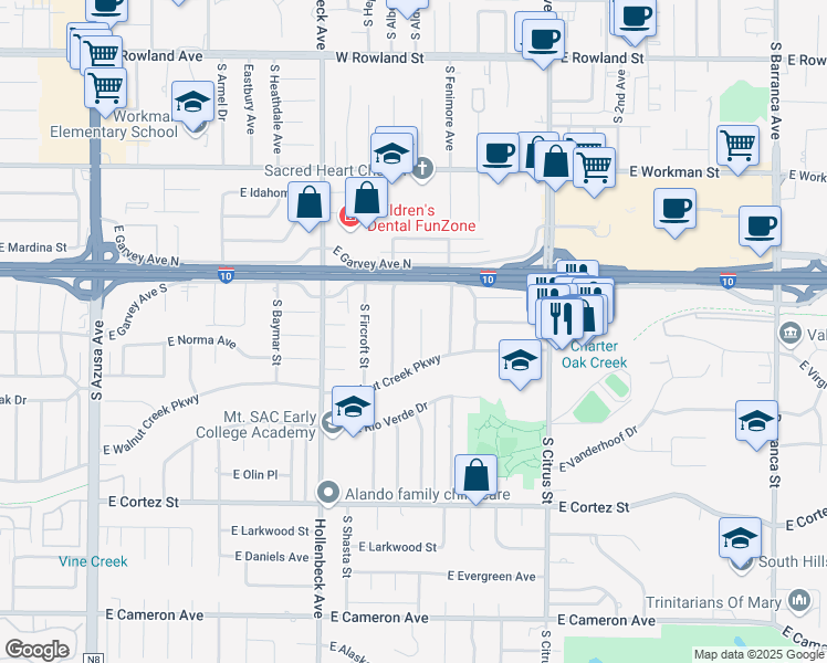 map of restaurants, bars, coffee shops, grocery stores, and more near 147 South Manzanita Drive in West Covina