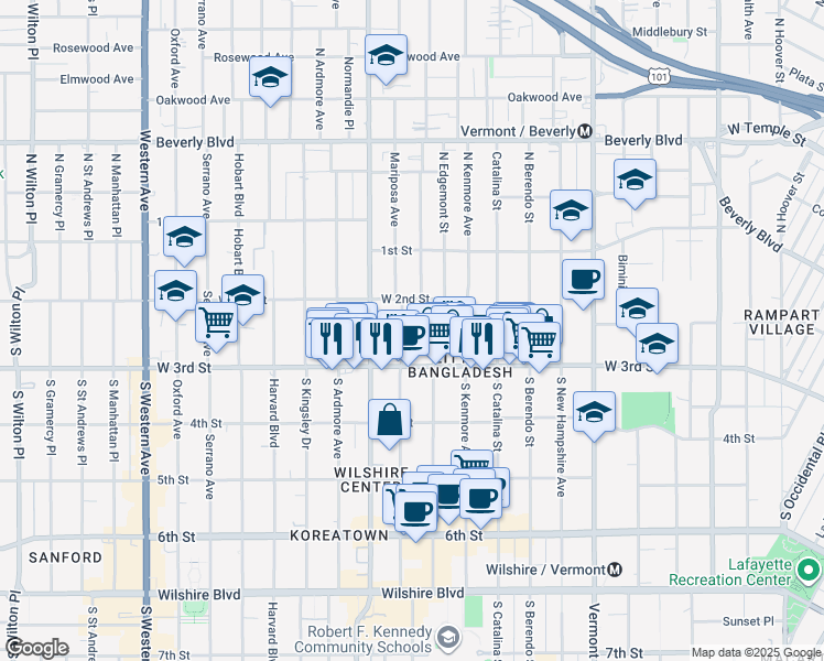 map of restaurants, bars, coffee shops, grocery stores, and more near 228 South Mariposa Avenue in Los Angeles