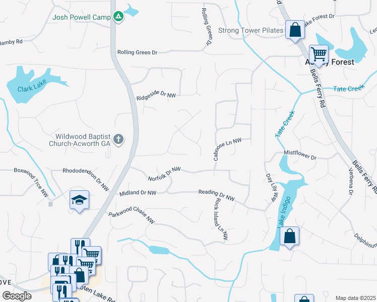 map of restaurants, bars, coffee shops, grocery stores, and more near 1130 Green Meadow Court Northwest in Acworth