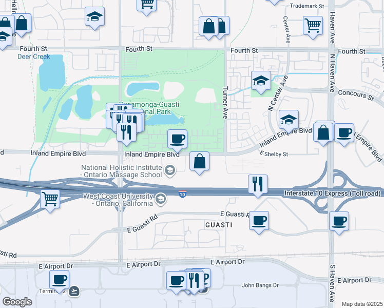 map of restaurants, bars, coffee shops, grocery stores, and more near 2940 Inland Empire Boulevard in Ontario