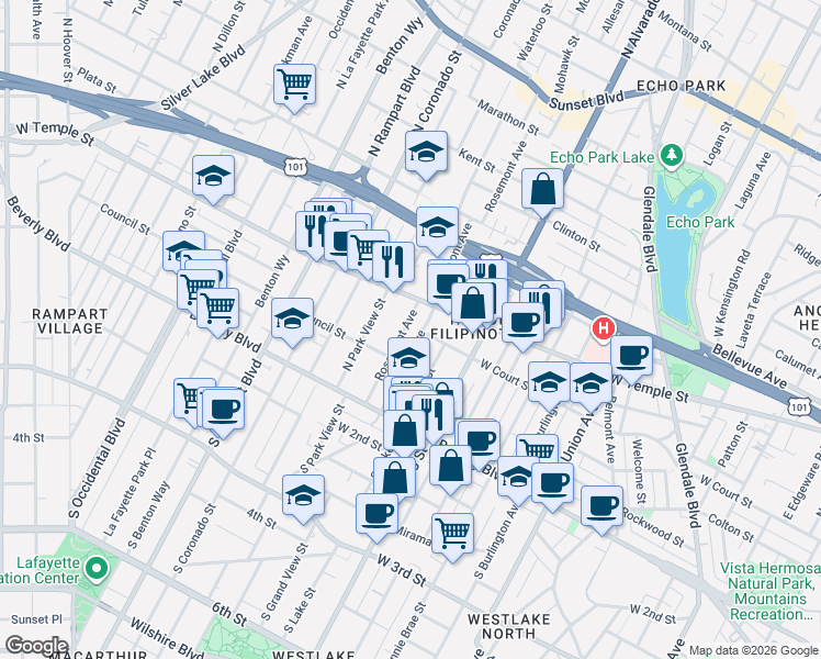map of restaurants, bars, coffee shops, grocery stores, and more near 236 Rosemont Avenue in Los Angeles