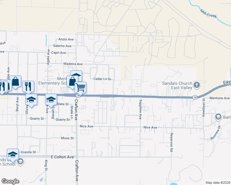 map of restaurants, bars, coffee shops, grocery stores, and more near 2160 Mentone Boulevard in Mentone