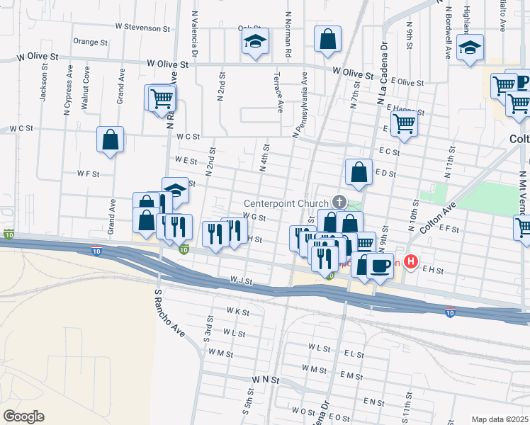 map of restaurants, bars, coffee shops, grocery stores, and more near 467 West G Street in Colton