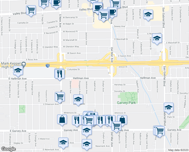 map of restaurants, bars, coffee shops, grocery stores, and more near 7639 Hellman Avenue in Rosemead