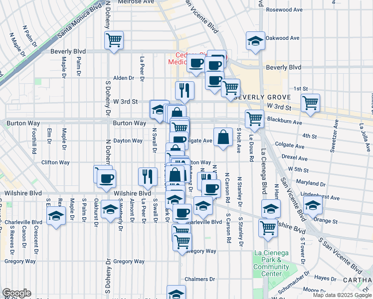 map of restaurants, bars, coffee shops, grocery stores, and more near 8743 Clifton Way in Beverly Hills