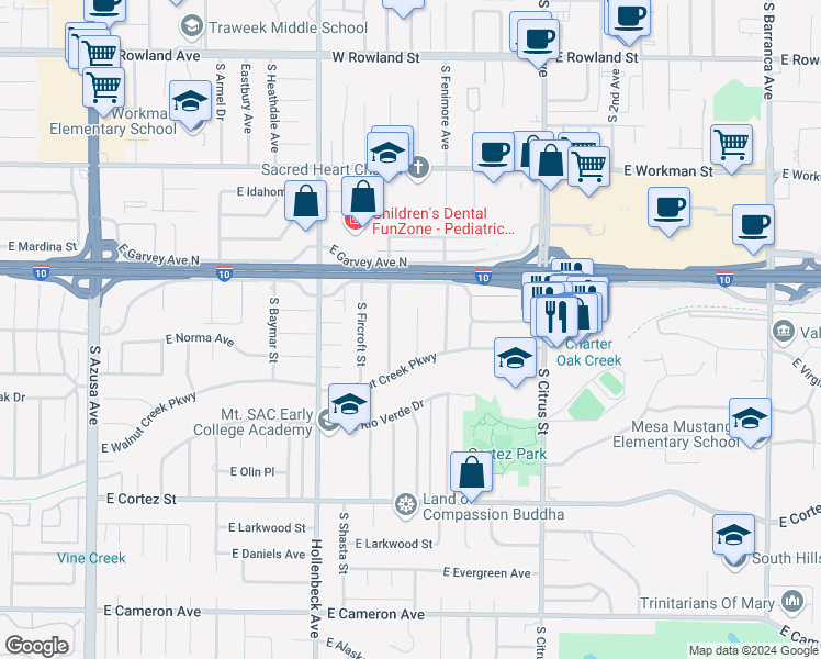 map of restaurants, bars, coffee shops, grocery stores, and more near 147 South Manzanita Drive in West Covina