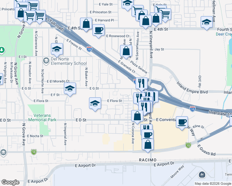 map of restaurants, bars, coffee shops, grocery stores, and more near 608 North Mariposa Avenue in Ontario