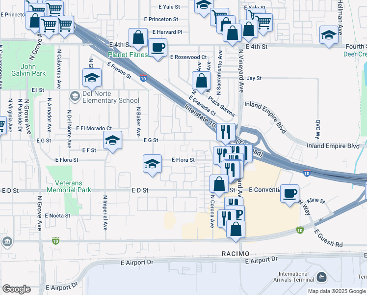 map of restaurants, bars, coffee shops, grocery stores, and more near 608 North Mariposa Avenue in Ontario