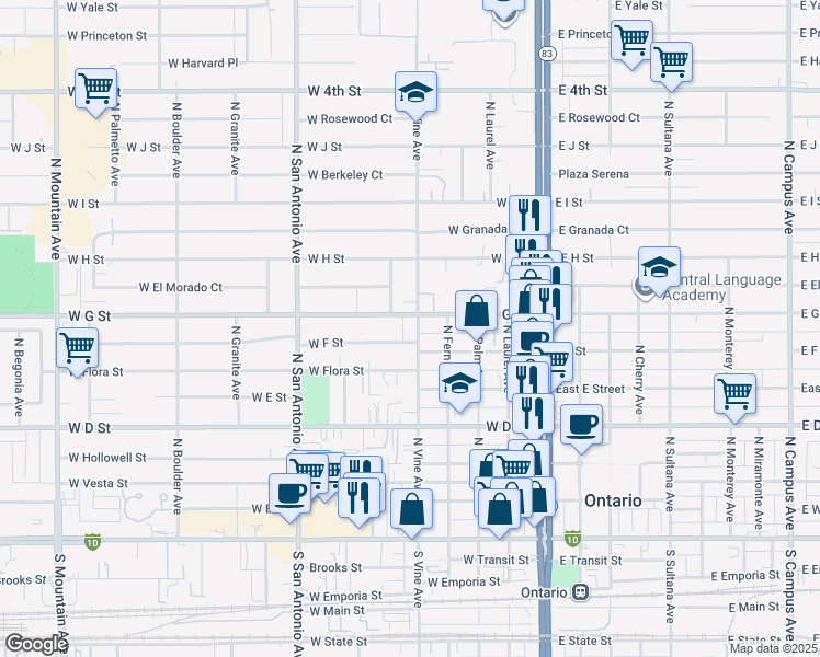 map of restaurants, bars, coffee shops, grocery stores, and more near 531 West F Street in Ontario