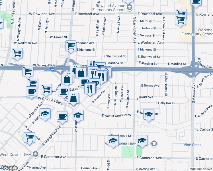 map of restaurants, bars, coffee shops, grocery stores, and more near 208 South Bandy Avenue in West Covina