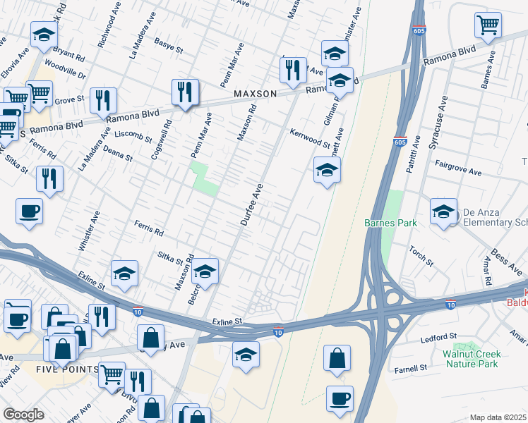 map of restaurants, bars, coffee shops, grocery stores, and more near 3730 Durfee Avenue in El Monte