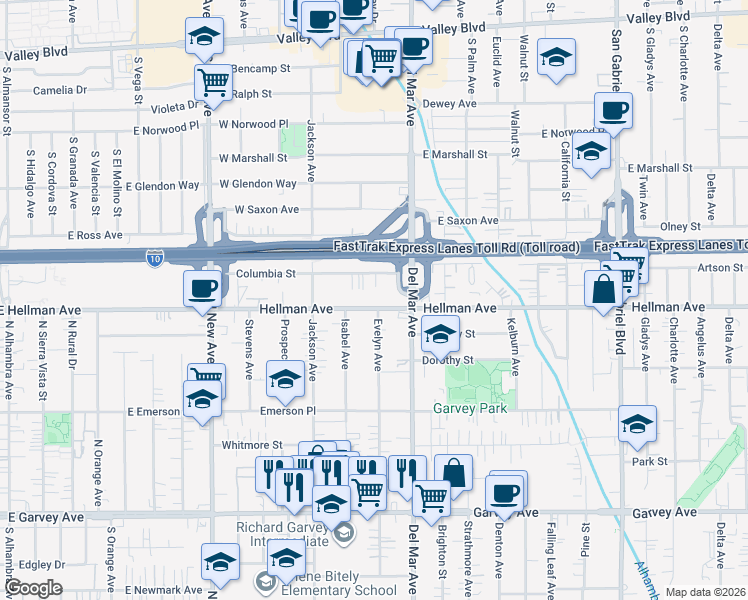 map of restaurants, bars, coffee shops, grocery stores, and more near 3351 Evelyn Avenue in Rosemead