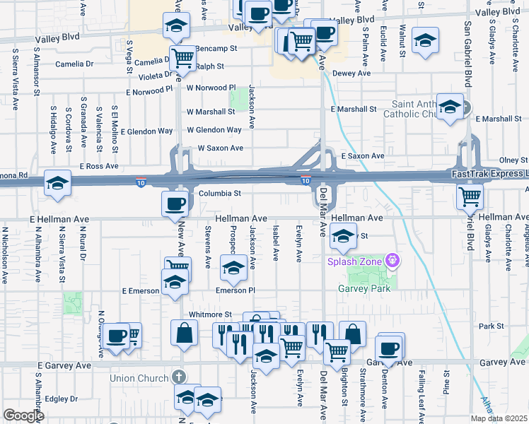map of restaurants, bars, coffee shops, grocery stores, and more near 7634 Hellman Avenue in Rosemead