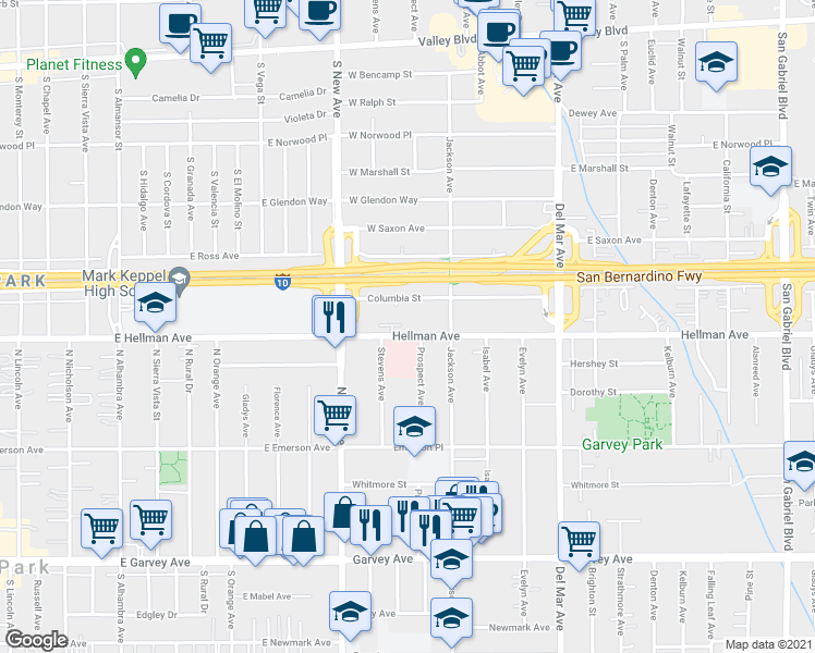 map of restaurants, bars, coffee shops, grocery stores, and more near 7500 Hellman Avenue in Rosemead