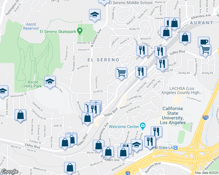 map of restaurants, bars, coffee shops, grocery stores, and more near 4918 Druid Street in Los Angeles