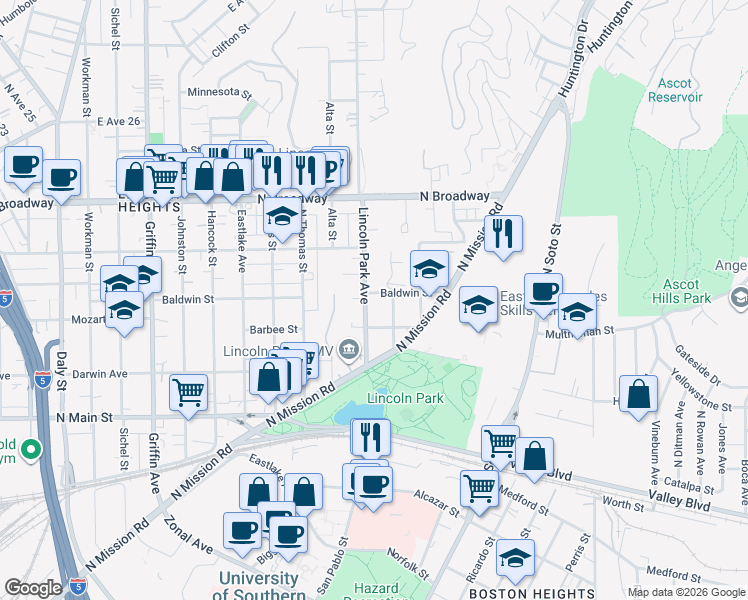 map of restaurants, bars, coffee shops, grocery stores, and more near 2107 Keith Street in Los Angeles