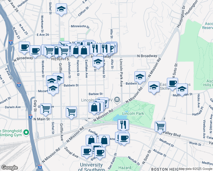 map of restaurants, bars, coffee shops, grocery stores, and more near 2101 Alta Street in Los Angeles