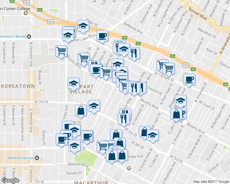 map of restaurants, bars, coffee shops, grocery stores, and more near 133 South La Fayette Park Place in Los Angeles