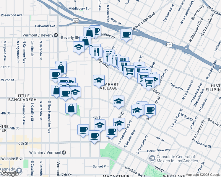map of restaurants, bars, coffee shops, grocery stores, and more near 231 South Vendome Street in Los Angeles