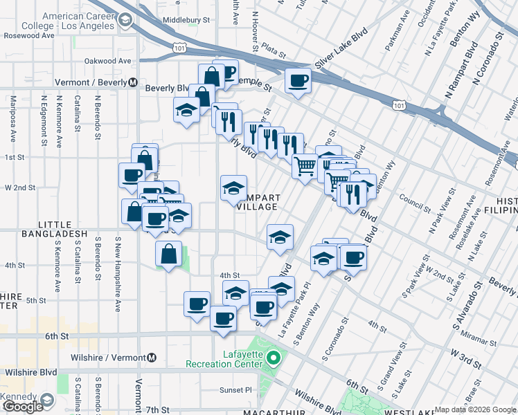 map of restaurants, bars, coffee shops, grocery stores, and more near 231 South Vendome Street in Los Angeles