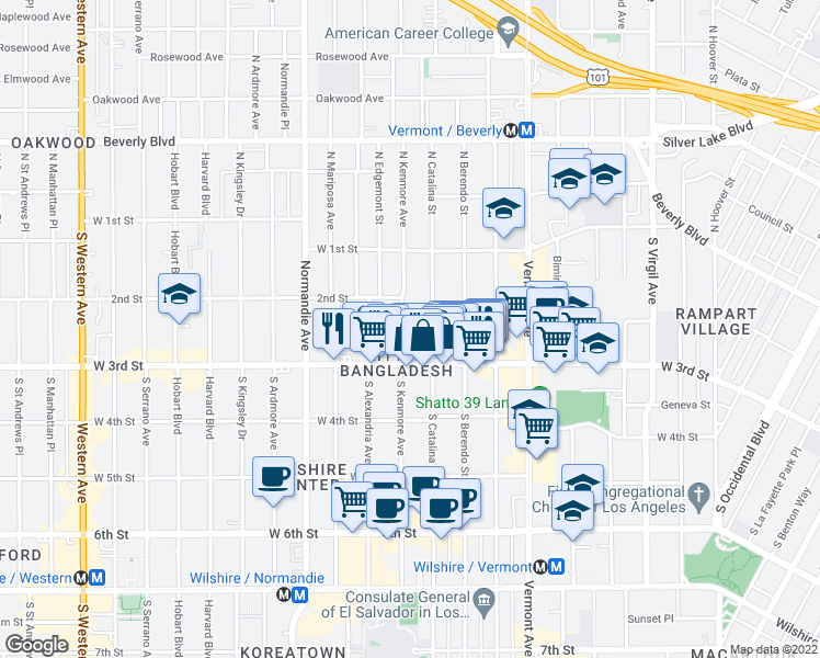 map of restaurants, bars, coffee shops, grocery stores, and more near in Los Angeles