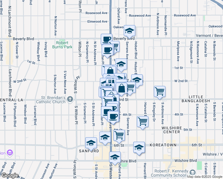 map of restaurants, bars, coffee shops, grocery stores, and more near 301 South Western Avenue in Los Angeles