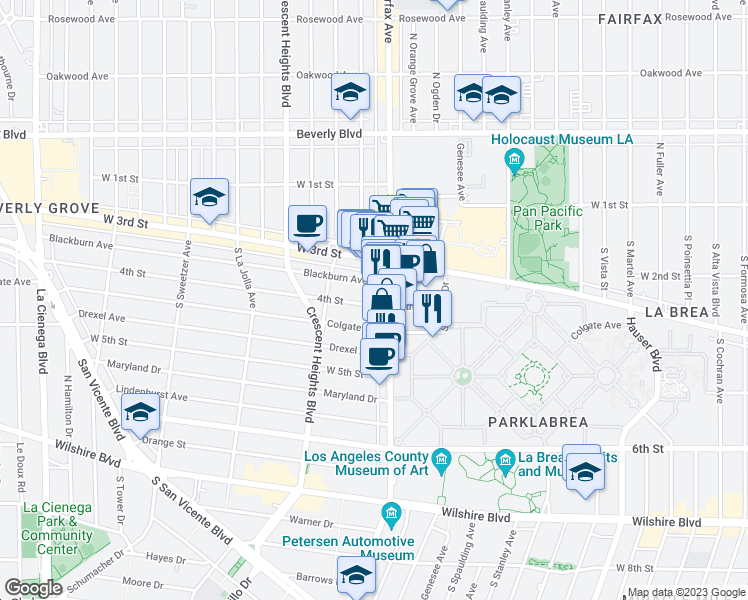 map of restaurants, bars, coffee shops, grocery stores, and more near 6309 Colgate Avenue in Los Angeles