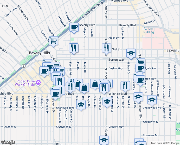 map of restaurants, bars, coffee shops, grocery stores, and more near 200 North Palm Drive in Beverly Hills
