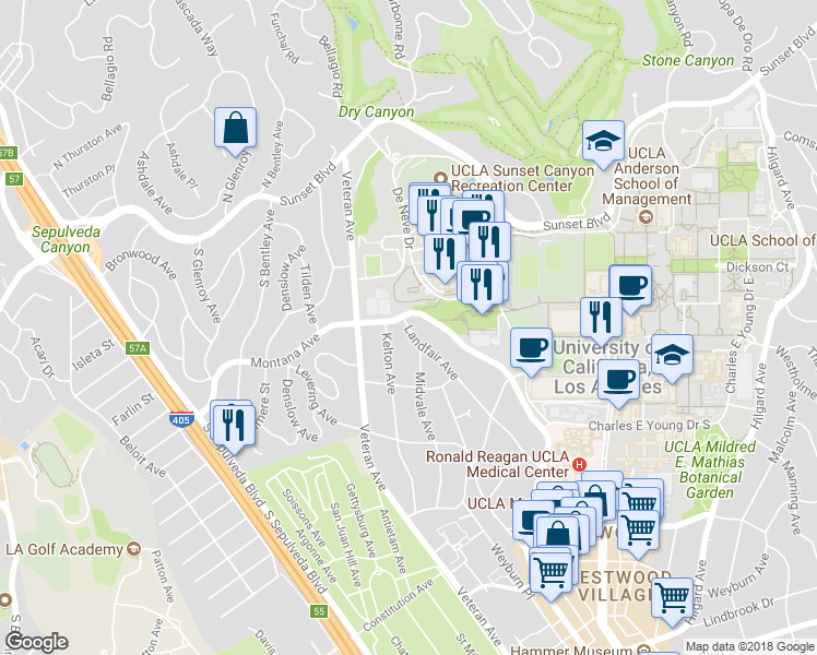 map of restaurants, bars, coffee shops, grocery stores, and more near 430 Kelton Avenue in Los Angeles