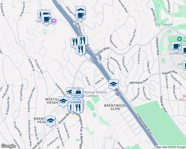 map of restaurants, bars, coffee shops, grocery stores, and more near 166 Acari Drive in Los Angeles