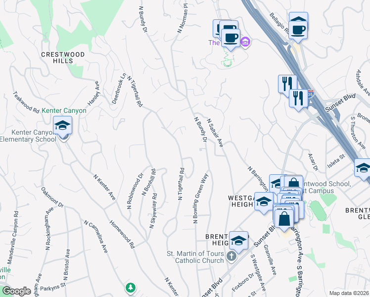map of restaurants, bars, coffee shops, grocery stores, and more near 535 North Tigertail Road in Los Angeles