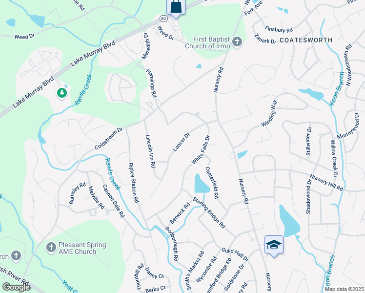 map of restaurants, bars, coffee shops, grocery stores, and more near 418 White Falls Drive in Columbia