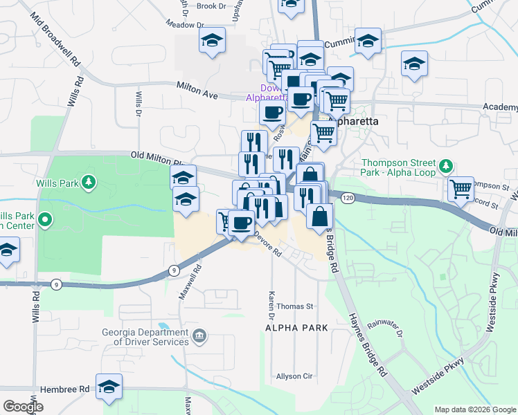 map of restaurants, bars, coffee shops, grocery stores, and more near 217 South Main Street in Alpharetta