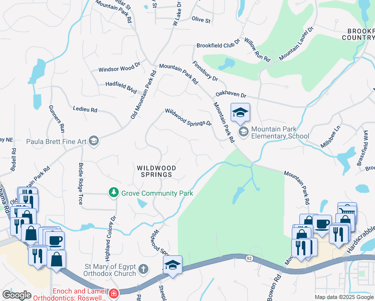 map of restaurants, bars, coffee shops, grocery stores, and more near 545 Old Path Crossing in Roswell