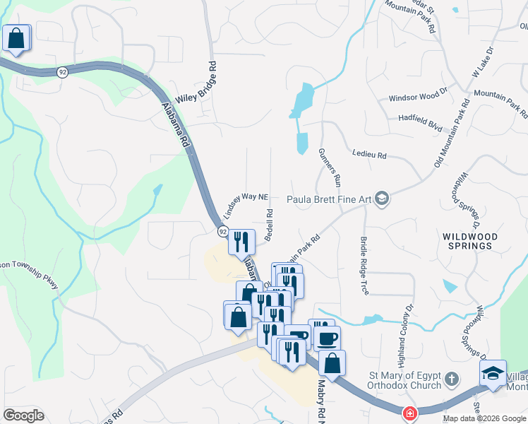map of restaurants, bars, coffee shops, grocery stores, and more near 4911 Bedell Road in Roswell